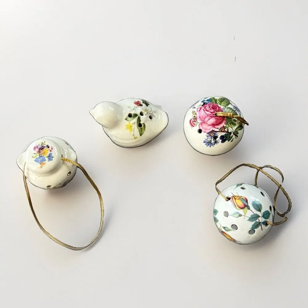 VTG Set of 4 Ceramic Pomander Balls Bird Urn English Floral Potpourri Ornaments